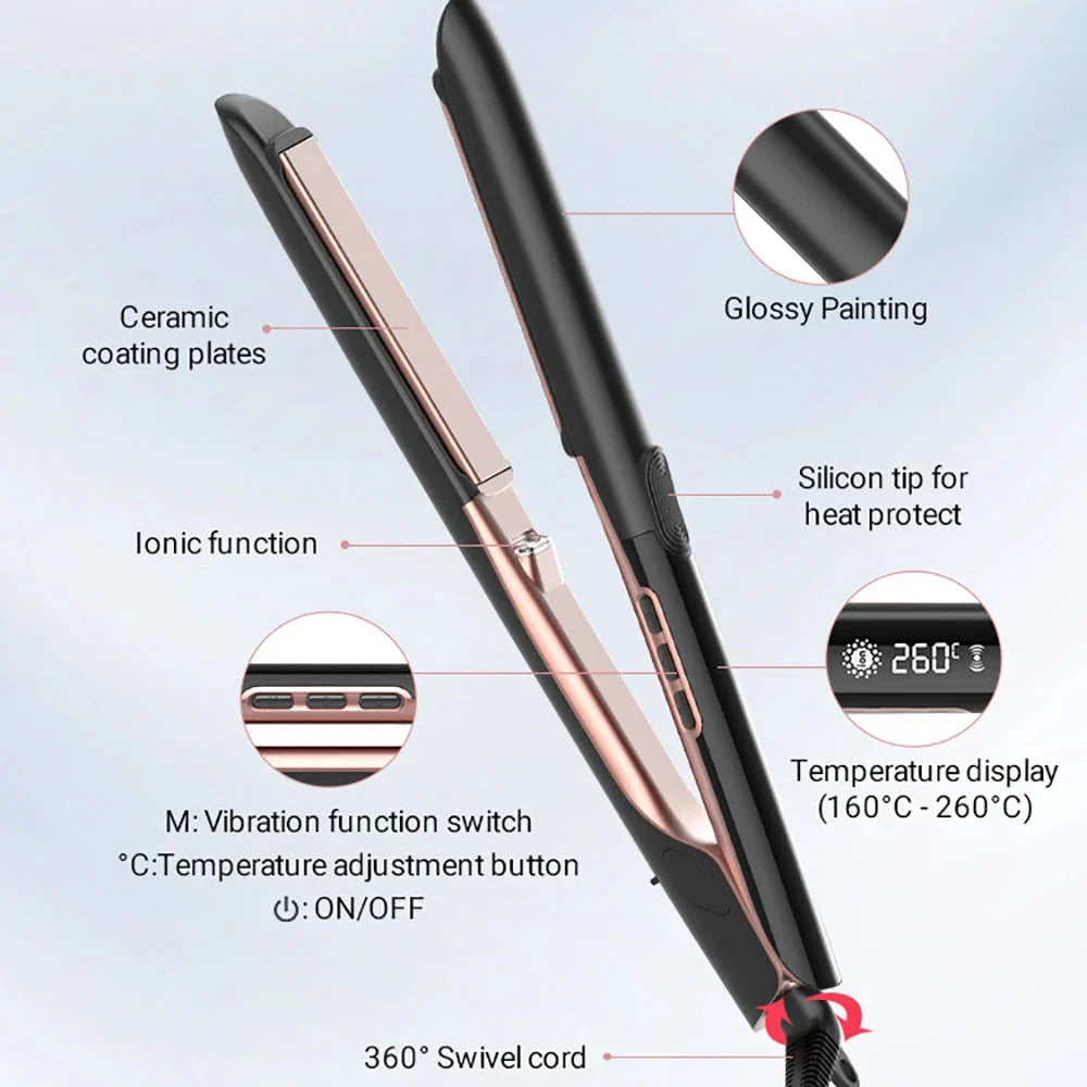 A professional 2-in-1 hair styling tool with straightening and curling capabilities, tourmaline ceramic plates, and vibration function for smooth, frizz-free results.