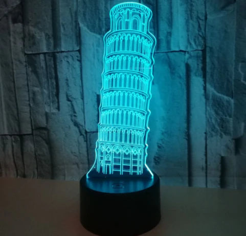 A 3D nightlight displaying the Leaning Tower of Pisa, with adjustable color and brightness settings for a captivating ambient lighting experience.