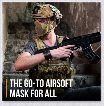 Tactical foldable mesh mask with ear protection, designed for airsoft enthusiasts with durable 1000D nylon construction and 800FPS impact resistance.