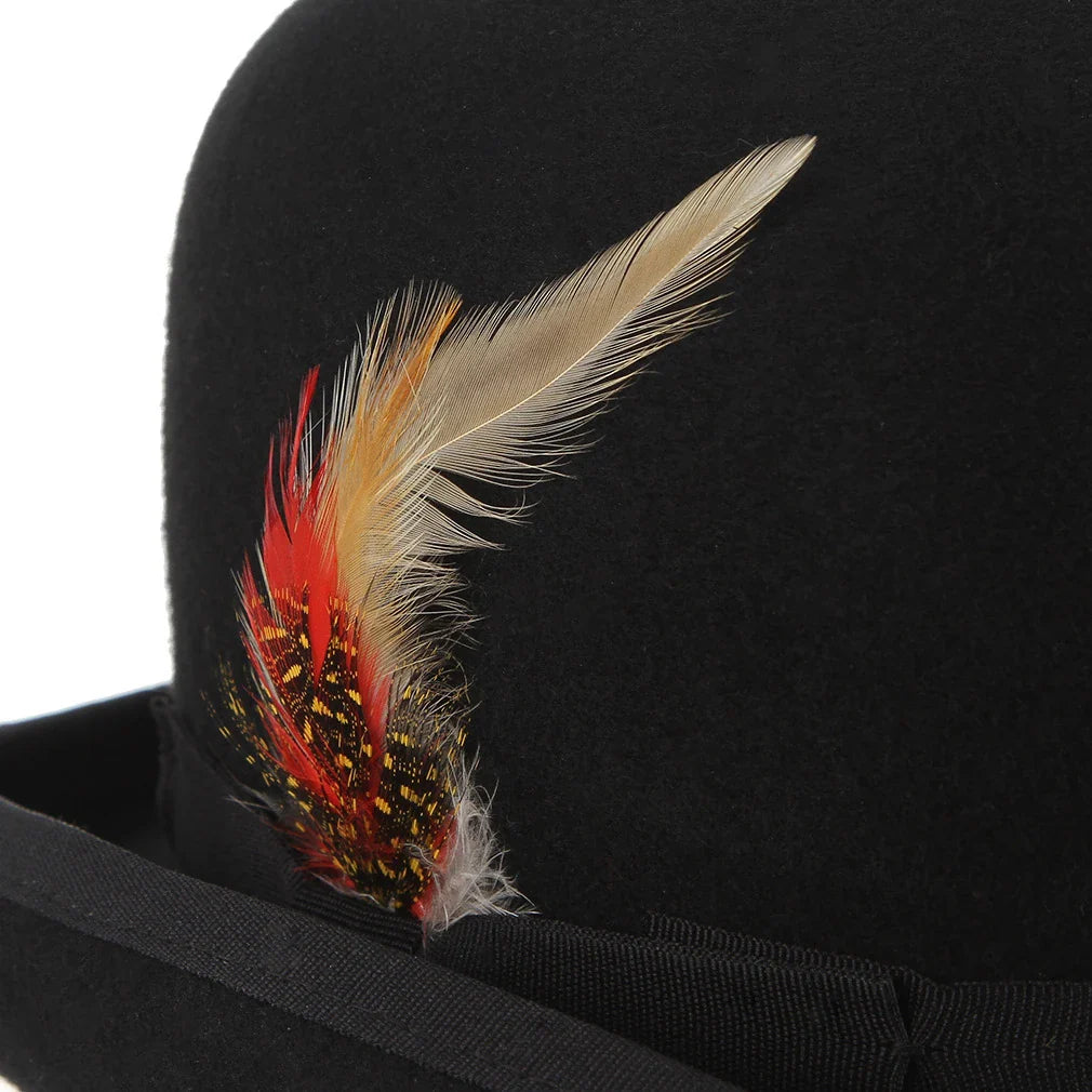 A stylish wool bowler hat with a domed crown and subtle feather trim, a classic British-inspired accessory for keeping warm and looking great in Kiwi winters.