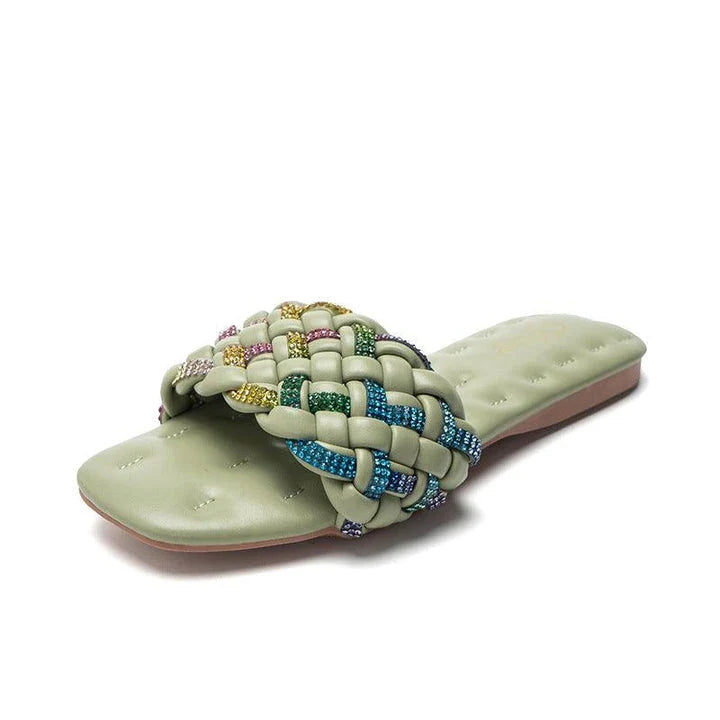 Stylish square head flat sandals with colorful diamond embroidery and a comfortable rubber sole