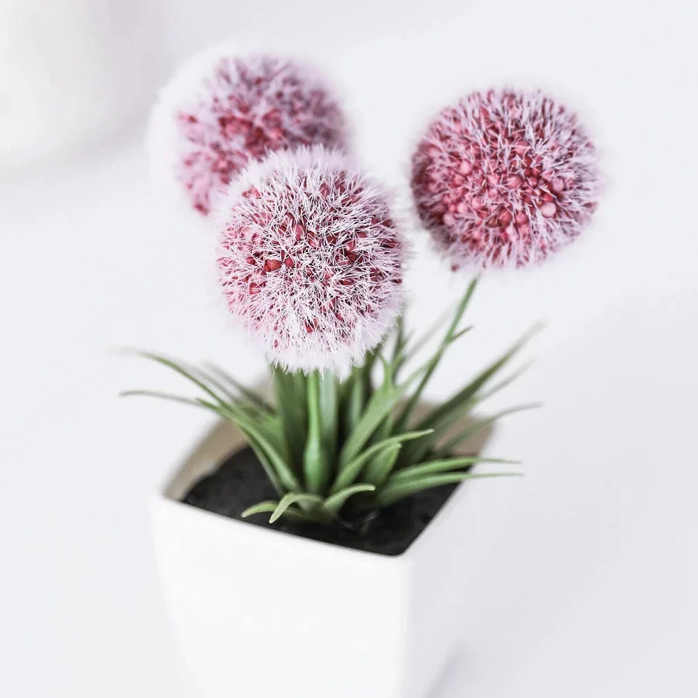 3 Artificial Hairy Ball Bonsai Plants in Pink, Grey, and White Colors for Home and Office Decor