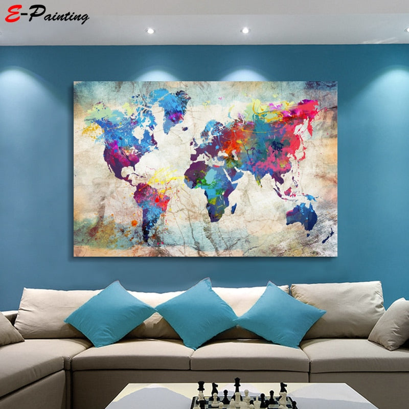 Vibrant world map canvas art with abstract, colorful design in various sizes