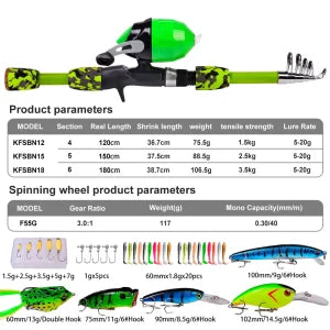 A high-quality fishing pole kit designed for kids, featuring a telescopic rod, spincast reel, and essential fishing accessories for outdoor adventures.