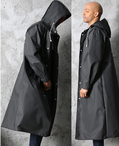 Waterproof hooded long rain jacket in black, designed for both men and women to provide all-weather protection during outdoor activities in New Zealand.