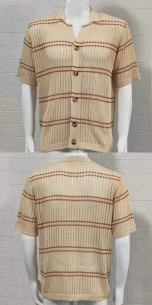 Lightweight acrylic knit cardigan with short sleeves, lapel collar, and classic khaki colour for versatile Kiwi style