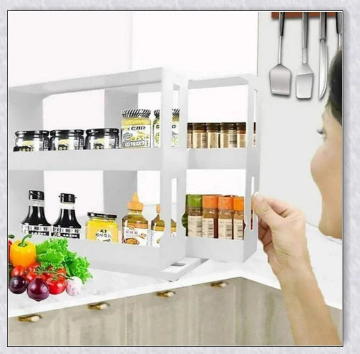 A multi-function rotating storage rack for organizing spices, herbs, and condiments in the kitchen