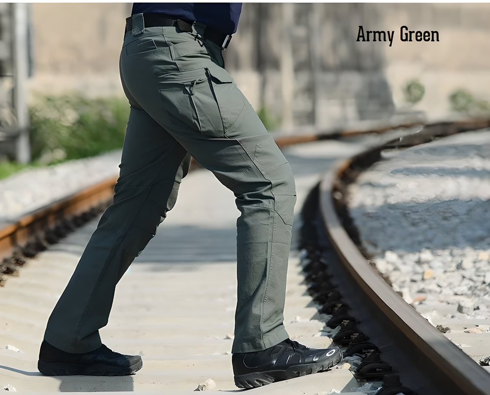 Tactical Multi-Pocket Cargo Pants with 10 pockets, reinforced knee and heel patches, and flexible, breathable fabric for outdoor adventures