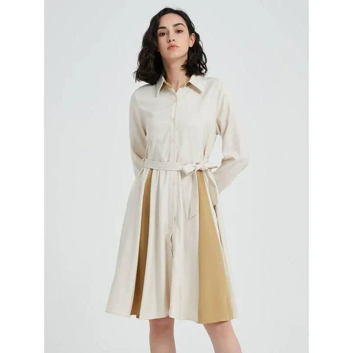 Elegant Beige A-line Long Sleeve Dress with Stylish Belt - Timeless Elegance for the Modern Kiwi Woman