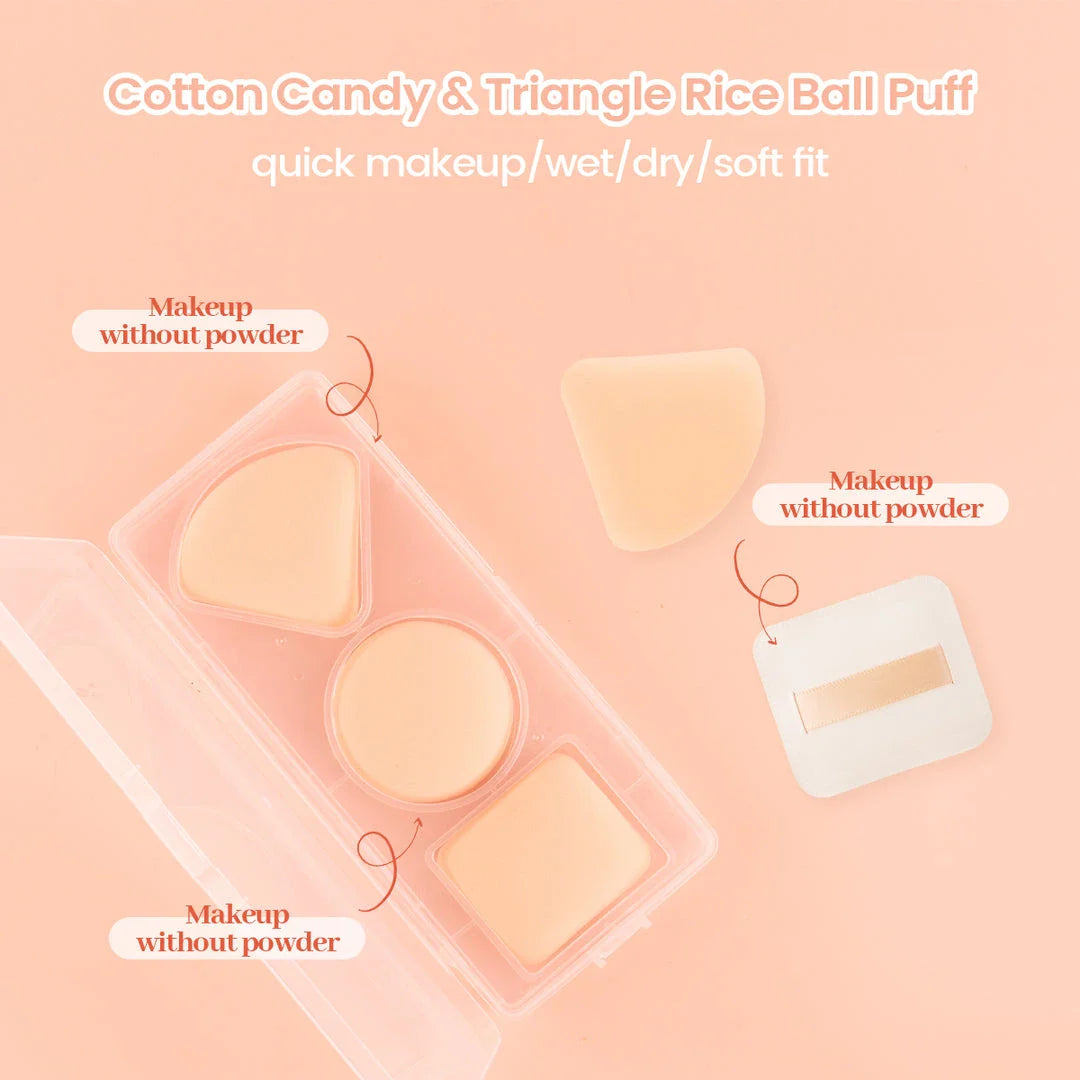 Three unique shaped makeup sponges in round, rectangle, and triangle for precise application