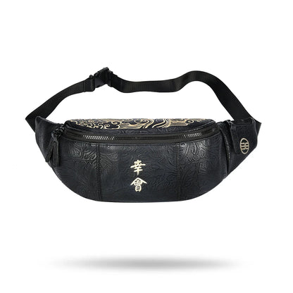 Stylish Kiwi chest bag with Chinese-inspired embroidered patterns, made of durable PVC material for long-lasting use.