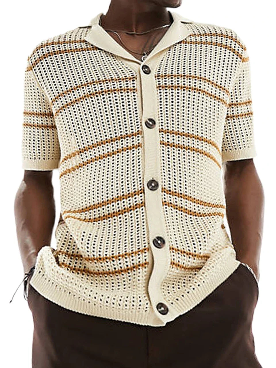 Lightweight acrylic knit cardigan with short sleeves, lapel collar, and classic khaki colour for versatile Kiwi style