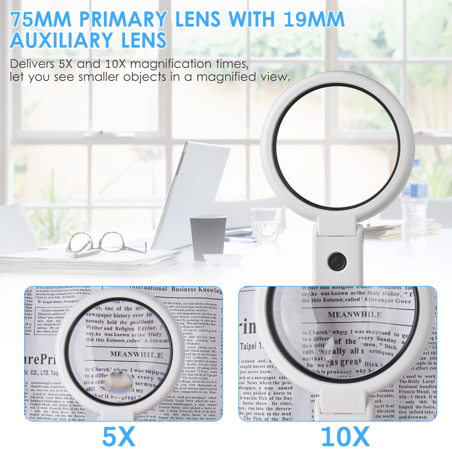 Kiwi-designed 2-in-1 USB powered magnifier with 5X/10X magnification and LED lighting for detailed tasks like watch repair, jewelry making, and electronics maintenance