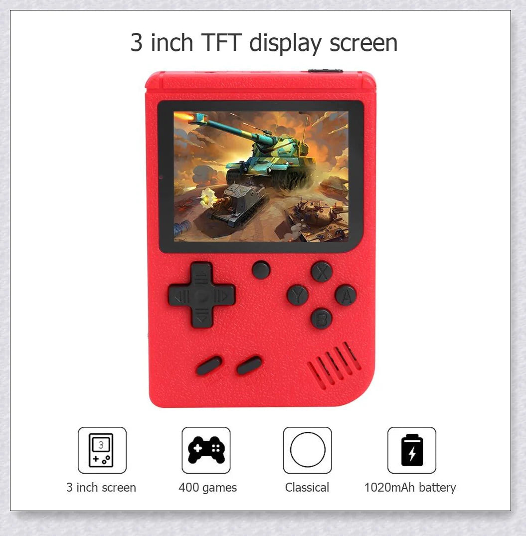 Tinytendo handheld game console with 400 classic retro games, vibrant 3-inch screen, and sleek ultra-thin design for portable gaming fun.