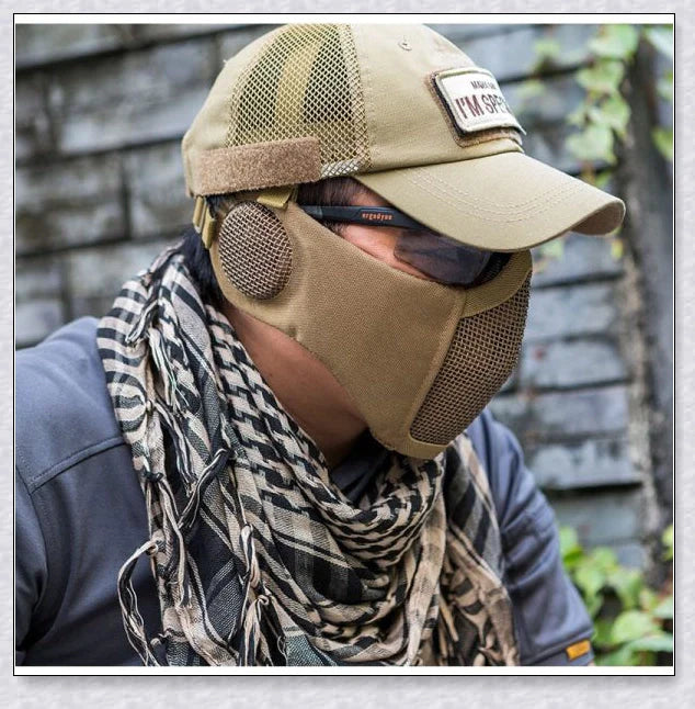 Tactical foldable mesh mask with ear protection, designed for airsoft enthusiasts with durable 1000D nylon construction and 800FPS impact resistance.