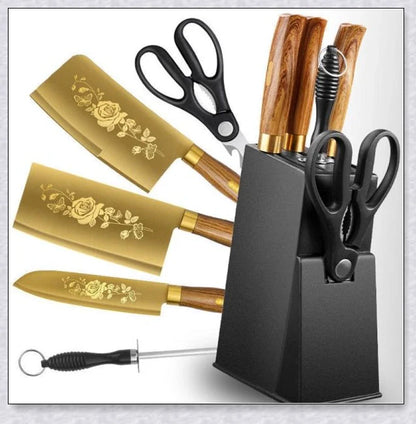 Titangold Designer Titanium Kitchen Knife Set with premium stainless steel blades, titanium coating, and ergonomic handles