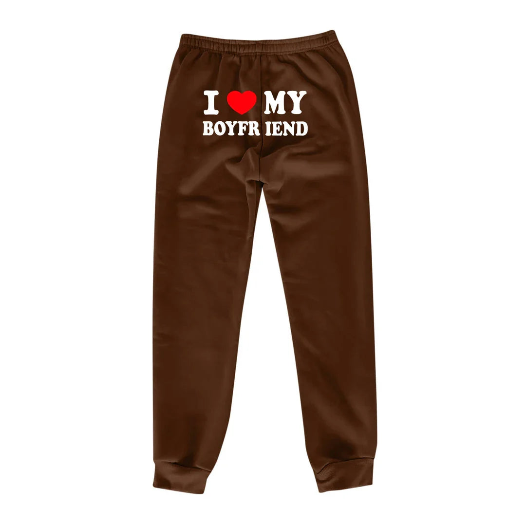 Trendha 'I Love My Boyfriend' Printed Trousers - Comfortable, Stylish Sweatpants for Kiwi Couples