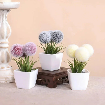 3 Artificial Hairy Ball Bonsai Plants in Pink, Grey, and White Colors for Home and Office Decor