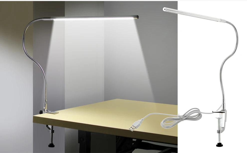 48-LED clip-on lamp with long adjustable arm and USB charging, perfect for brightening workspaces and study areas