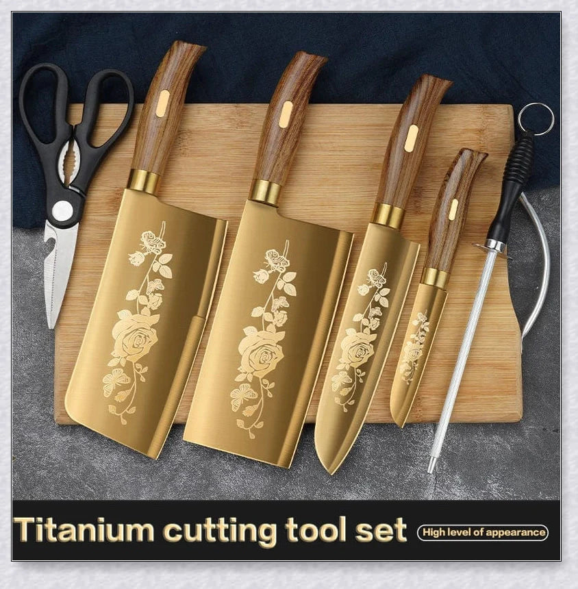 Titangold Designer Titanium Kitchen Knife Set with premium stainless steel blades, titanium coating, and ergonomic handles