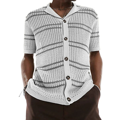 Lightweight acrylic knit cardigan with short sleeves, lapel collar, and classic khaki colour for versatile Kiwi style