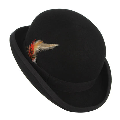 A stylish wool bowler hat with a domed crown and subtle feather trim, a classic British-inspired accessory for keeping warm and looking great in Kiwi winters.