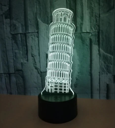 A 3D nightlight displaying the Leaning Tower of Pisa, with adjustable color and brightness settings for a captivating ambient lighting experience.