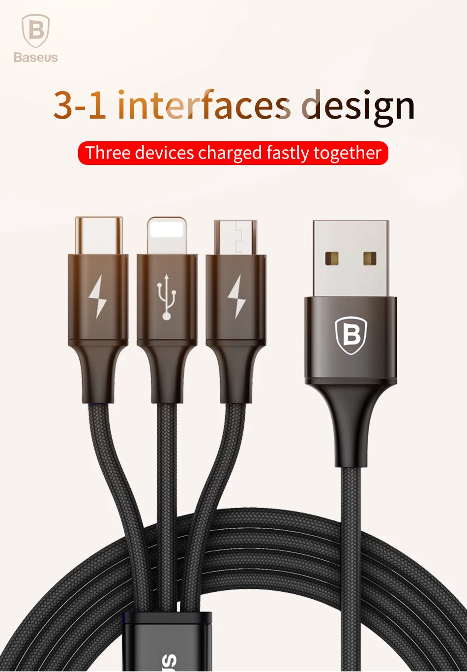 3-in-1 Super Fast Charge Cable with USB, Type-C, and Lightning connectors for charging multiple devices simultaneously