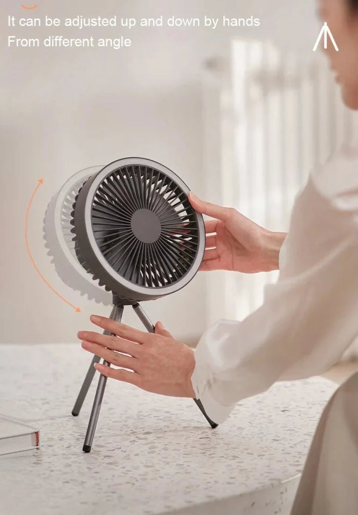 Versatile Rechargeable Desk Fan with Power Bank and LED Lighting - Keeps you cool, charges your devices, and provides cosy lighting