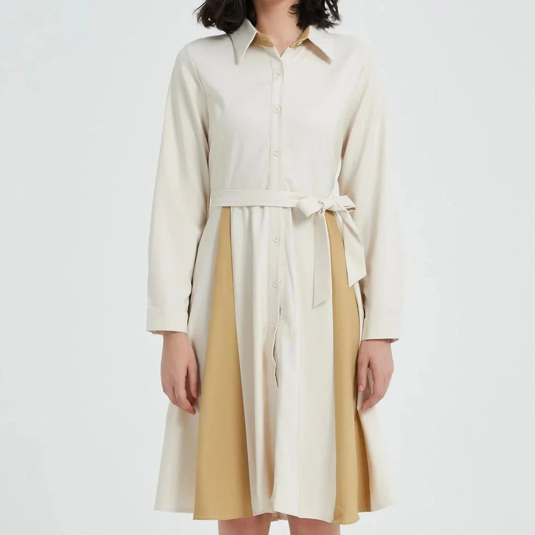 Elegant Beige A-line Long Sleeve Dress with Stylish Belt - Timeless Elegance for the Modern Kiwi Woman