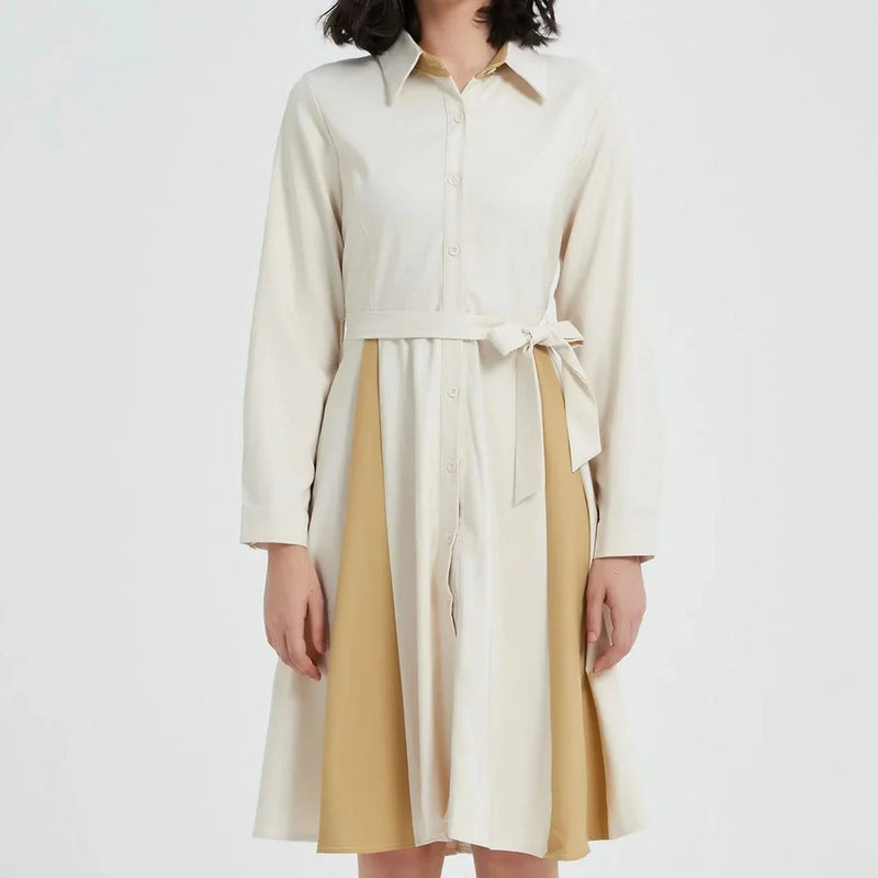 Shopprimex NZ Timeless Elegance: Beige A-line Long Sleeve Dress with Stylish Belt