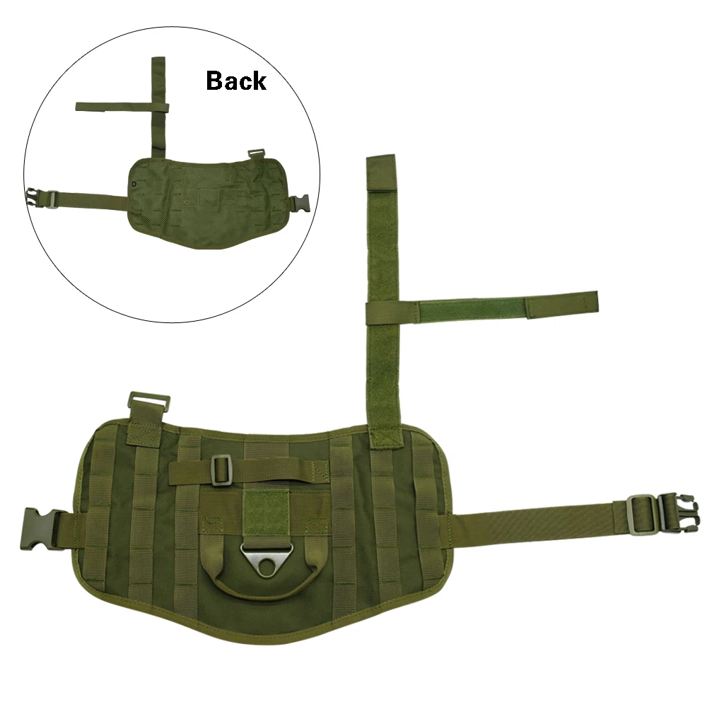 Tactical dog harness with detachable utility pouches in black and green colors, designed for outdoor adventures and service tasks