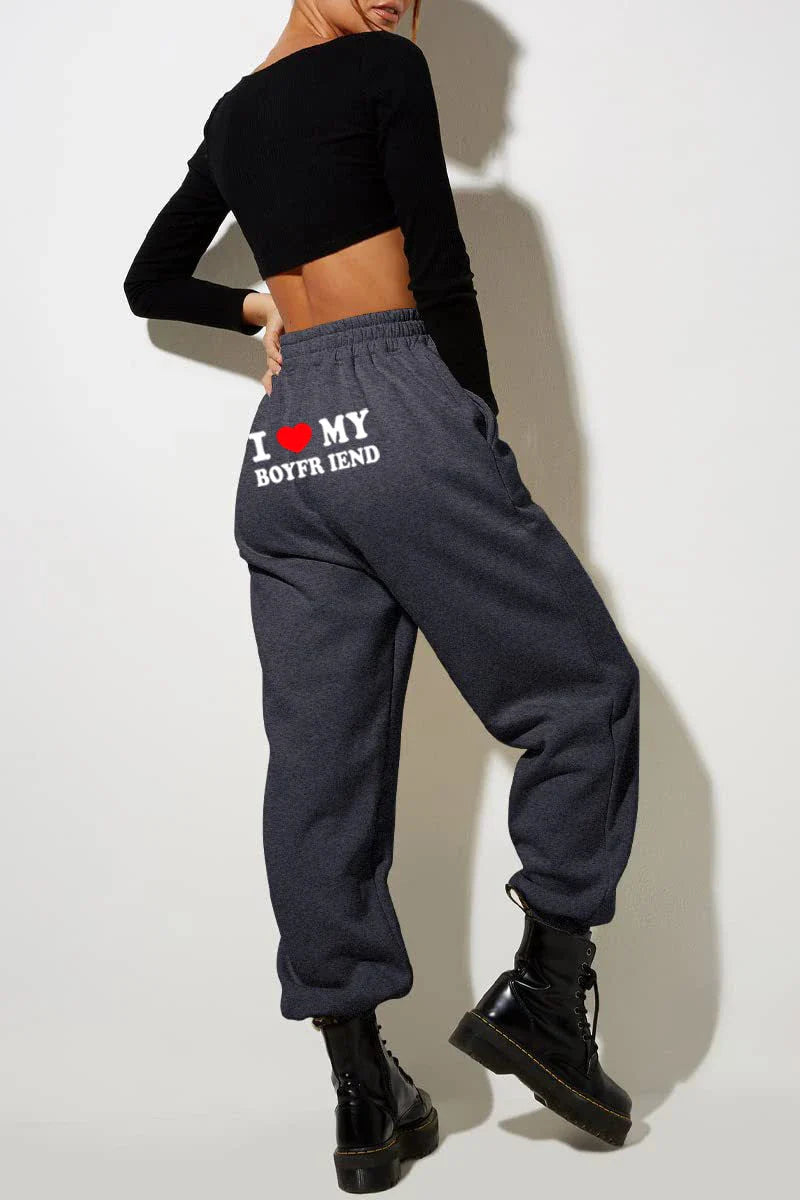 Trendha 'I Love My Boyfriend' Printed Trousers - Comfortable, Stylish Sweatpants for Kiwi Couples