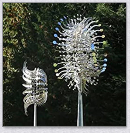 Wind-powered kinetic sculpture with dual-tier blades that spin independently, creating a mesmerizing dance in your backyard