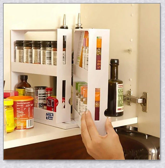 A multi-function rotating storage rack for organizing spices, herbs, and condiments in the kitchen