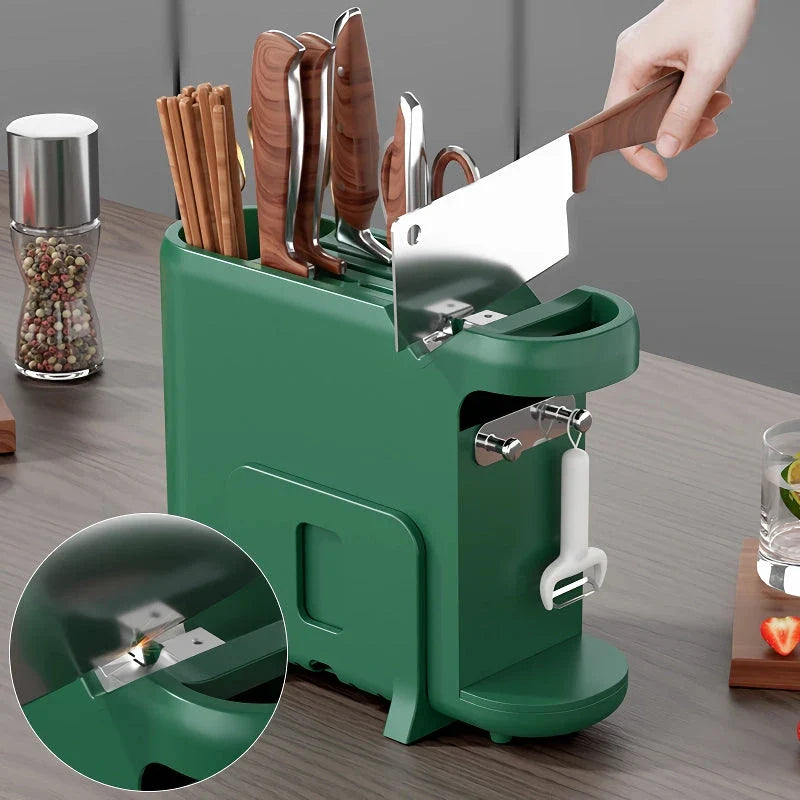 Versatile kitchen organiser with compartments for knives, chopsticks, cutting boards and pot lids