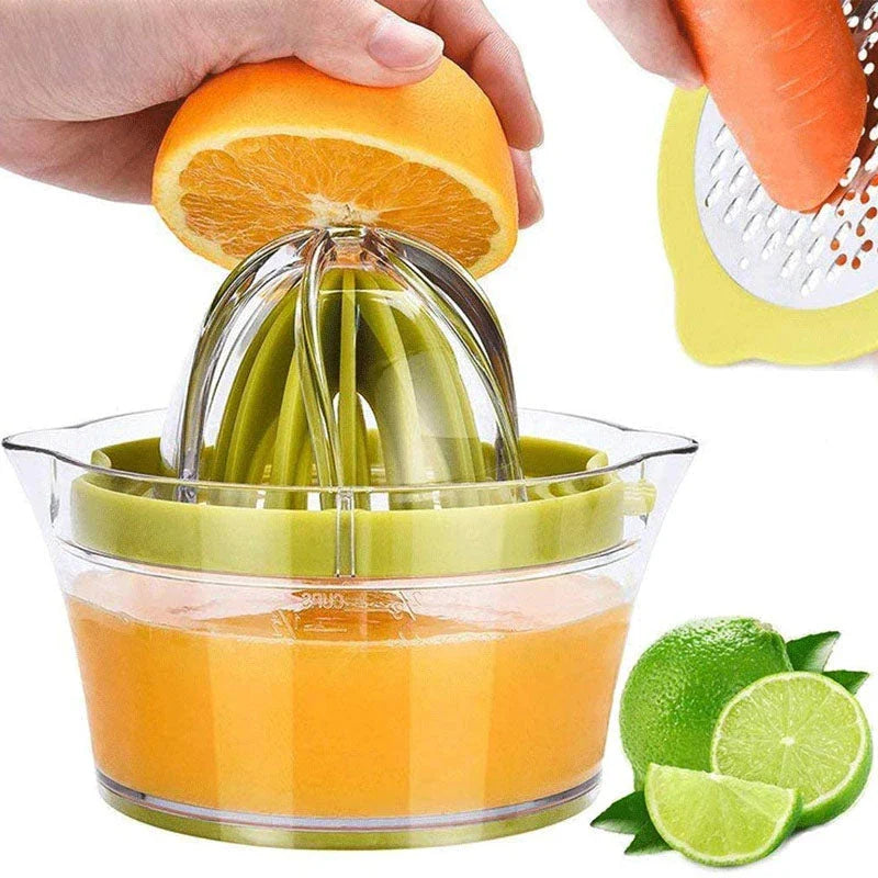 4-in-1 Manual Citrus Juicer with Built-in Measuring Cup and Egg Separator for Juicing, Grating, and Egg Separating