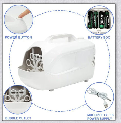 A white bubble machine blower with durable construction, perfect for birthday parties, weddings, and summer fun