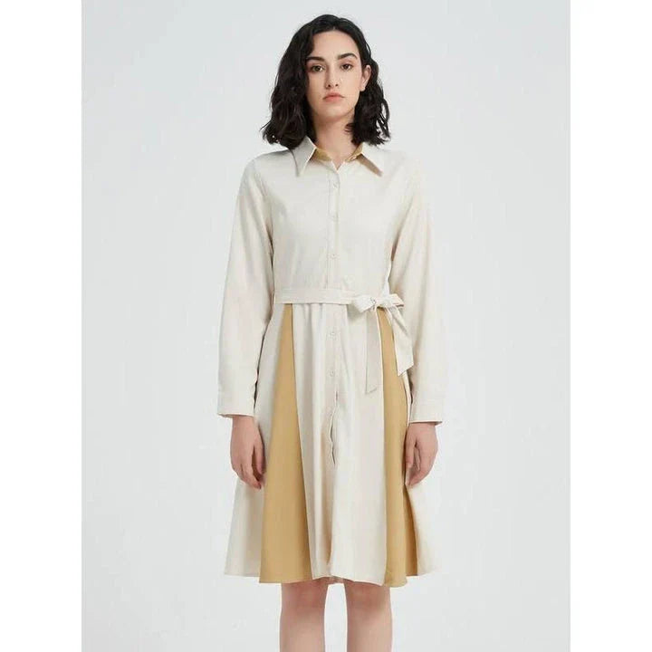 Elegant Beige A-line Long Sleeve Dress with Stylish Belt - Timeless Elegance for the Modern Kiwi Woman