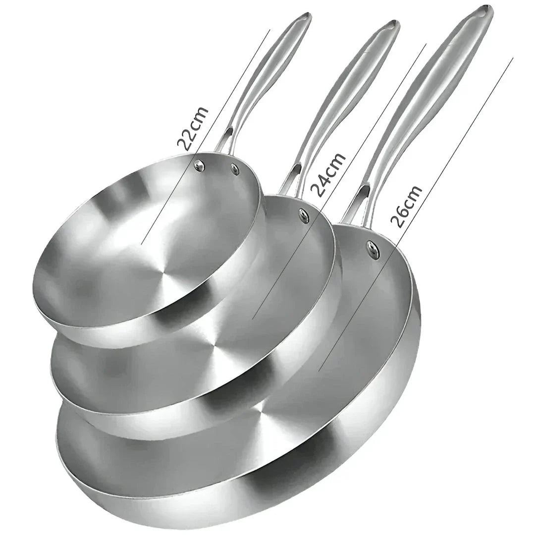 3-piece stainless steel frying pan set with non-stick coating, suitable for gas and induction cooktops