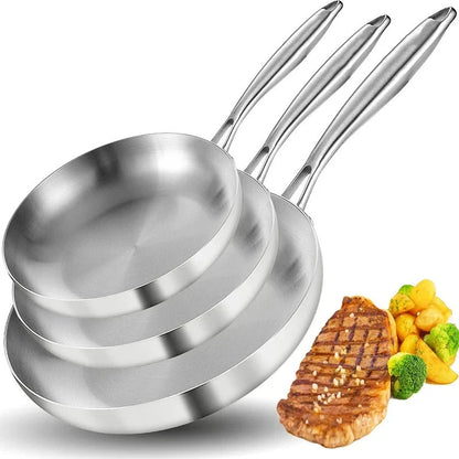 3-piece stainless steel frying pan set with non-stick coating, suitable for gas and induction cooktops