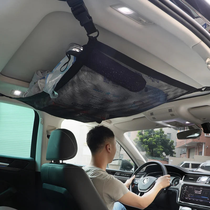 Durable car ceiling cargo storage net with zippered closure, perfect for Kiwi drivers to organize their vehicle's interior