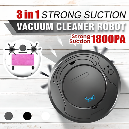 A white, gray, and black 3-in-1 smart robotic floor cleaner that sweeps, vacuums, and mops for a hands-free clean