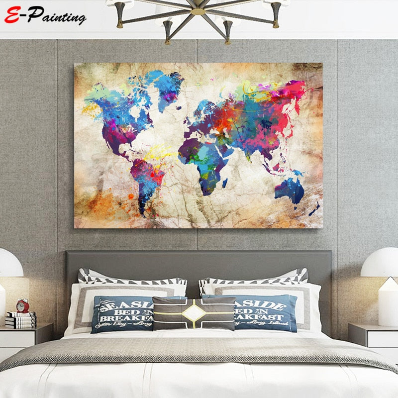 Vibrant world map canvas art with abstract, colorful design in various sizes