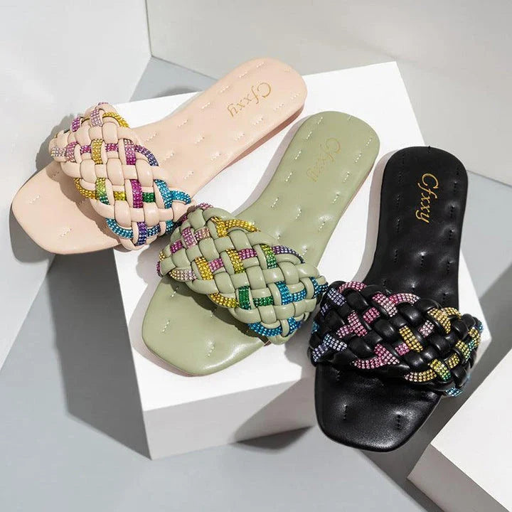 Stylish square head flat sandals with colorful diamond embroidery and a comfortable rubber sole