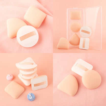 Three unique shaped makeup sponges in round, rectangle, and triangle for precise application