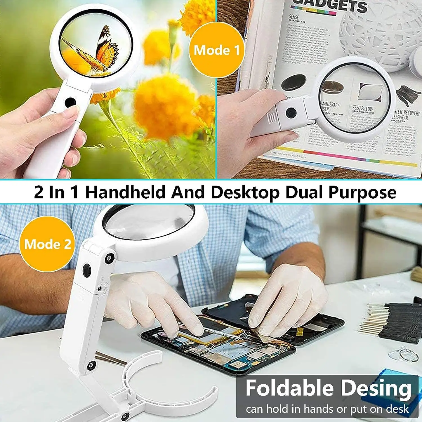 Kiwi-designed 2-in-1 USB powered magnifier with 5X/10X magnification and LED lighting for detailed tasks like watch repair, jewelry making, and electronics maintenance