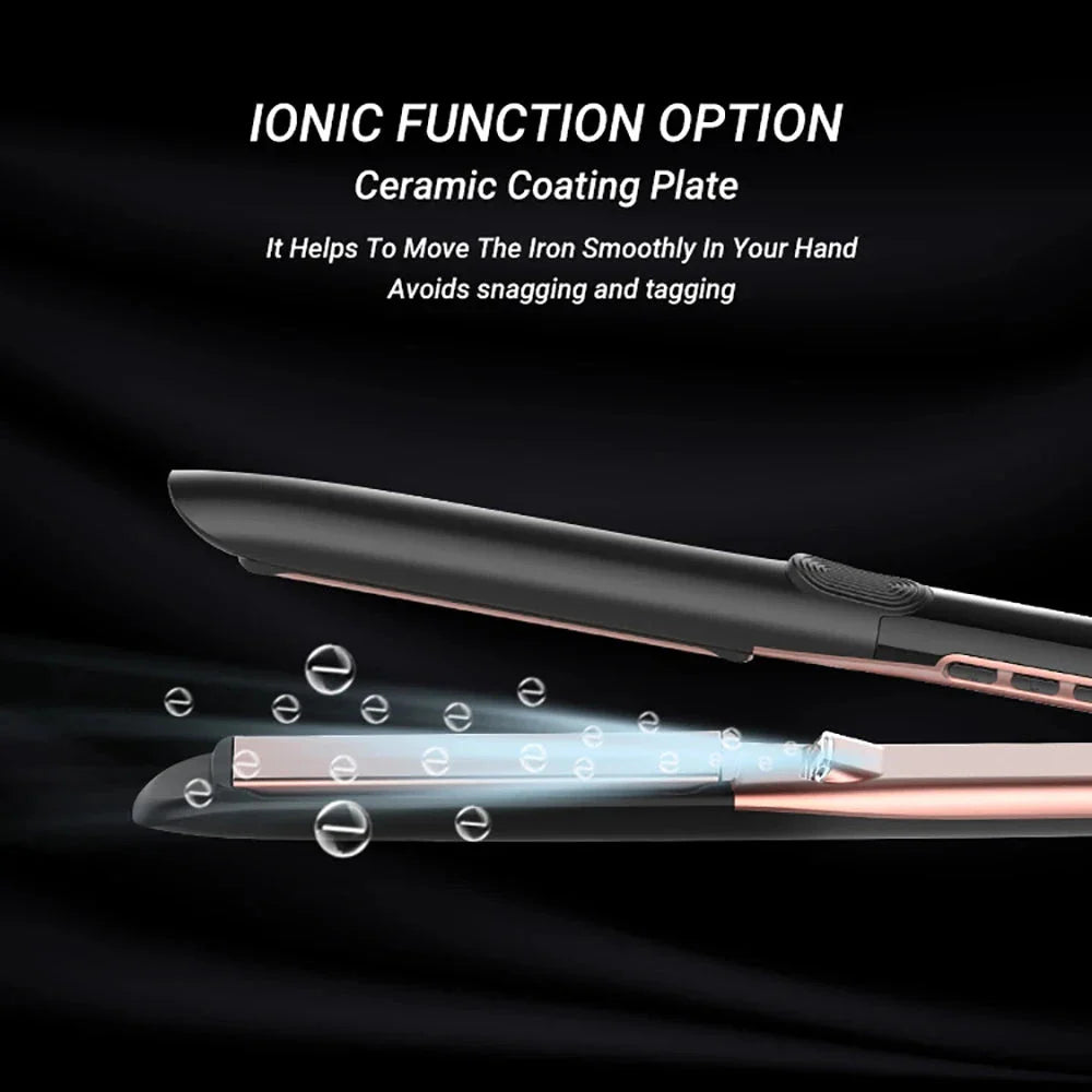 A professional 2-in-1 hair styling tool with straightening and curling capabilities, tourmaline ceramic plates, and vibration function for smooth, frizz-free results.