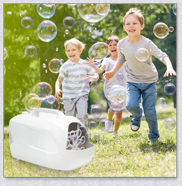 A white bubble machine blower with durable construction, perfect for birthday parties, weddings, and summer fun