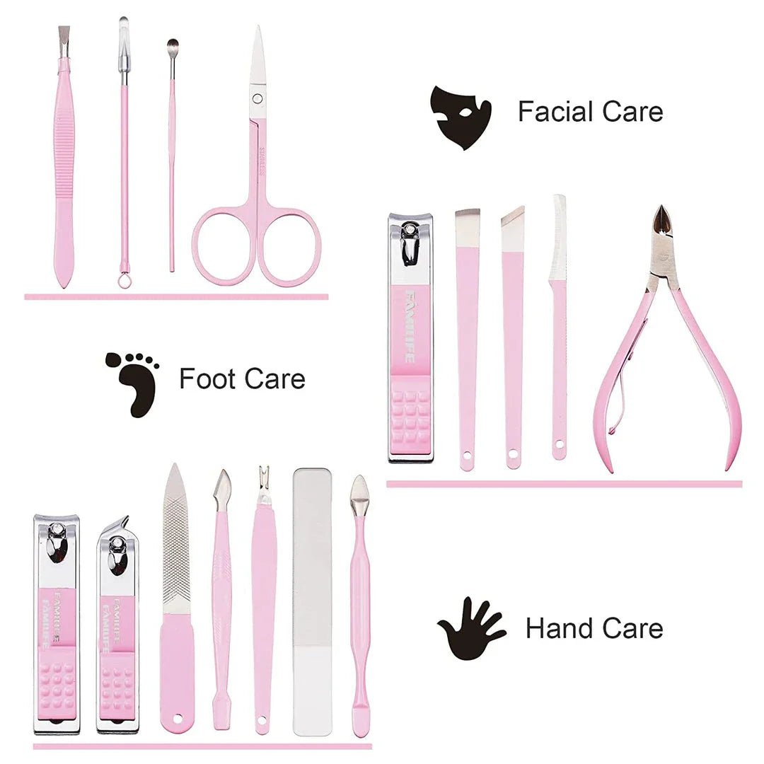 16-piece manicure set in a rose gold case with various grooming tools including nail clippers, tweezers, and scissors